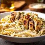 Cheesy One-Pot Chicken Alfredo Pasta served in a bowl with garnishes