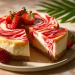 Slice of strawberry swirl cheesecake on a plate with fresh strawberries