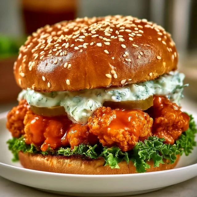 Delicious Epic Buffalo Chicken Sandwich served with lettuce and sauce