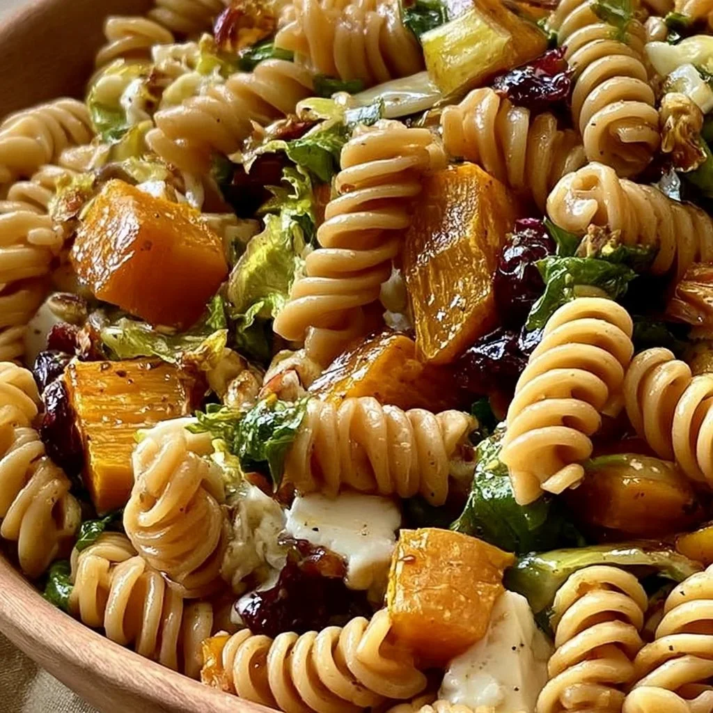Colorful Fall Harvest Pasta Salad with seasonal vegetables and dressing.