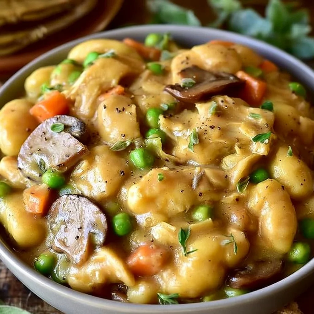 Gnocchi Chicken Pot Pie served in a rustic dish, topped with golden crust.