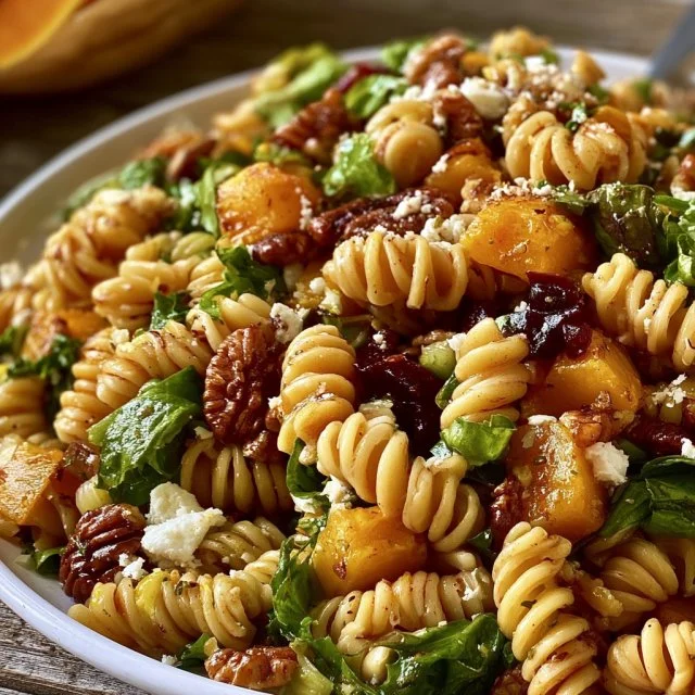 A colorful bowl of Harvest Pasta Salad with fresh vegetables and herbs.