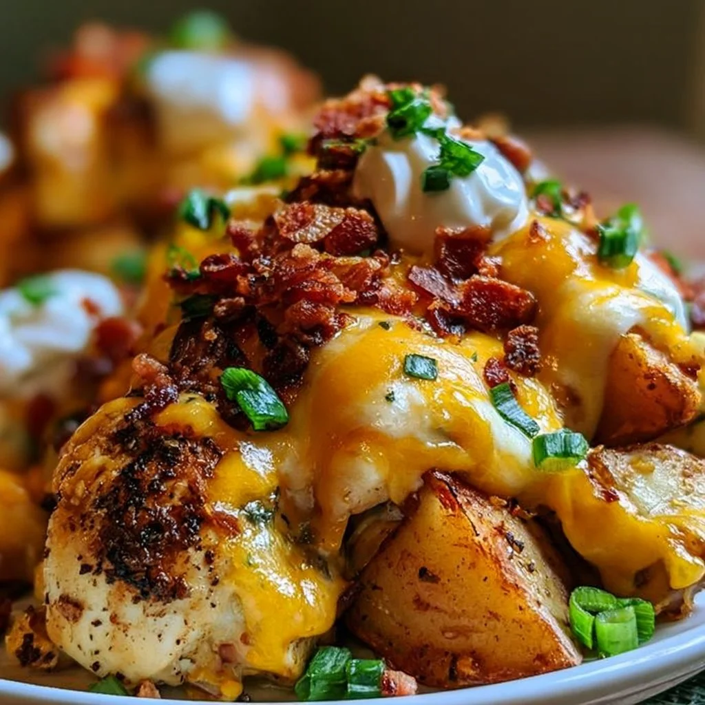 Delicious loaded baked potato chicken topped with cheese and bacon