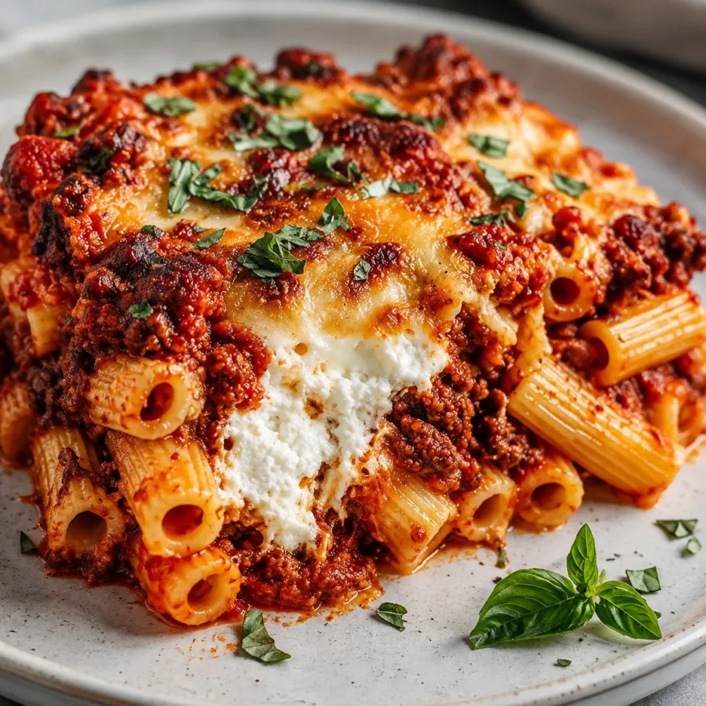 Delicious Baked Ziti with ricotta and mozzarella cheese served in a baking dish
