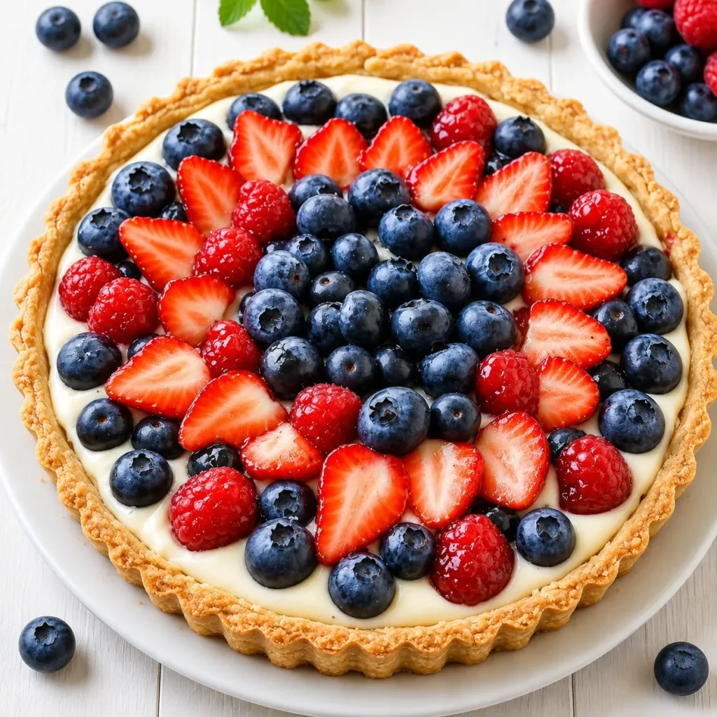 Delicious Berry Almond Tart topped with fresh berries and almonds