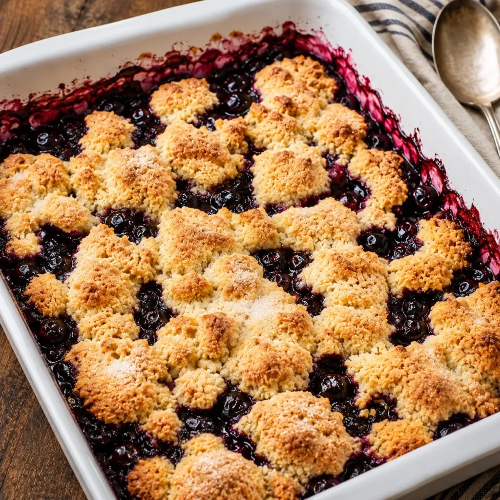 Delicious homemade blueberry cobbler with a flaky crust and fresh blueberries