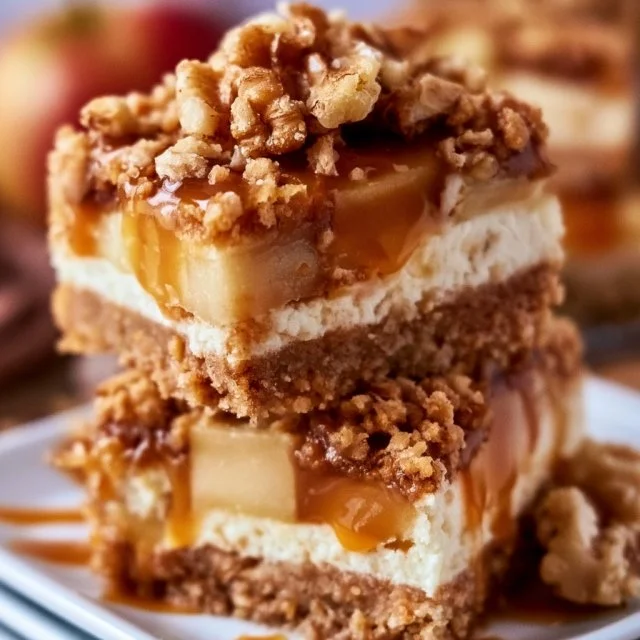 Delicious caramel apple cheesecake bars topped with caramel drizzle and apple slices