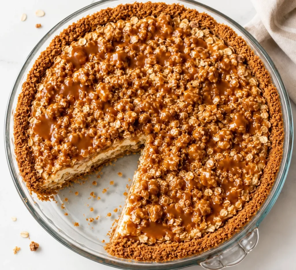 Delicious Caramel Apple Cheesecake Pie topped with caramel and apple slices