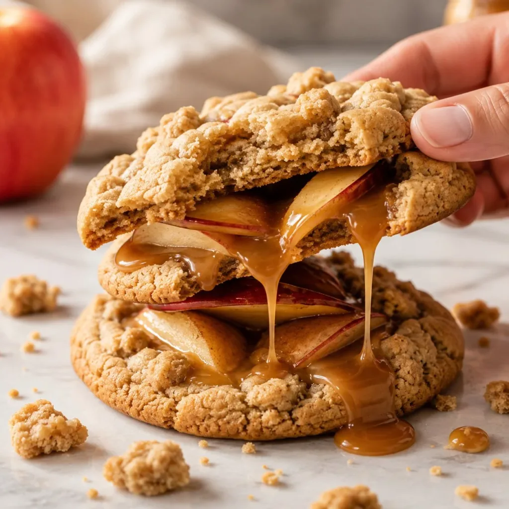 Delicious Caramel Apple Cookie Stack with caramel drizzle and apple slices