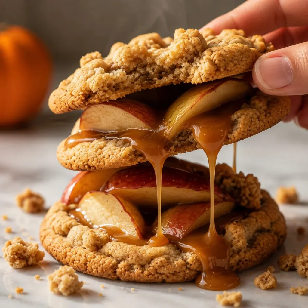 Freshly baked caramel apple cookies with apple slices and caramel drizzle