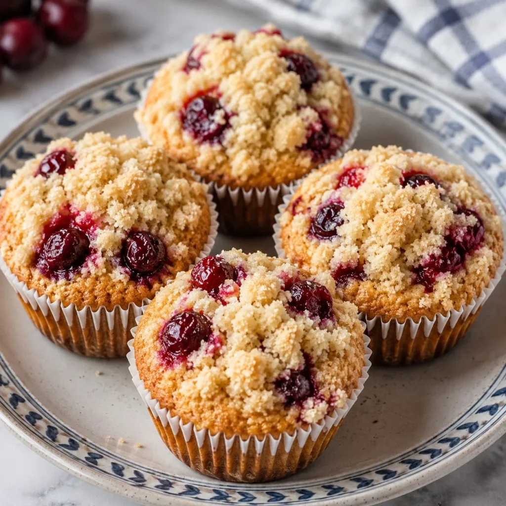 Freshly baked Cherry Cobbler Muffins with cherries and crumb topping