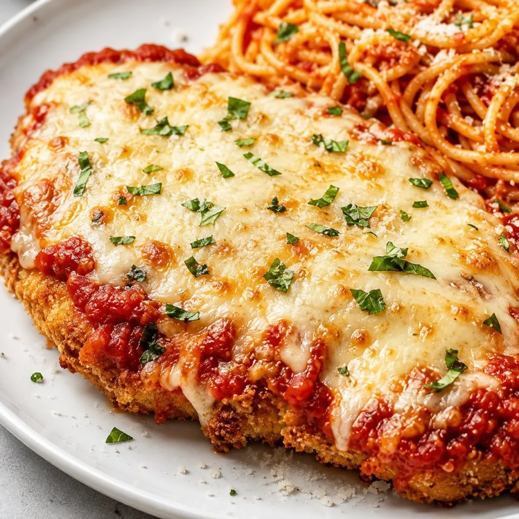 Easy chicken parmesan served with pasta and herbs