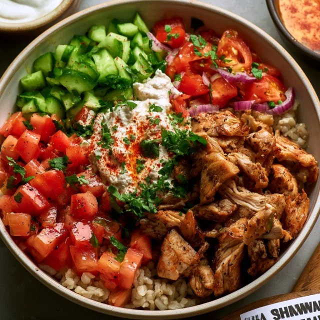 Delicious homemade chicken shawarma served with fresh vegetables and sauce