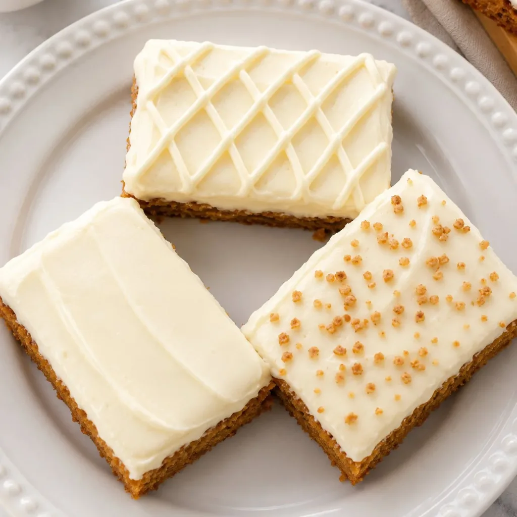 Delicious easy pumpkin bars topped with cream cheese frosting on a platter