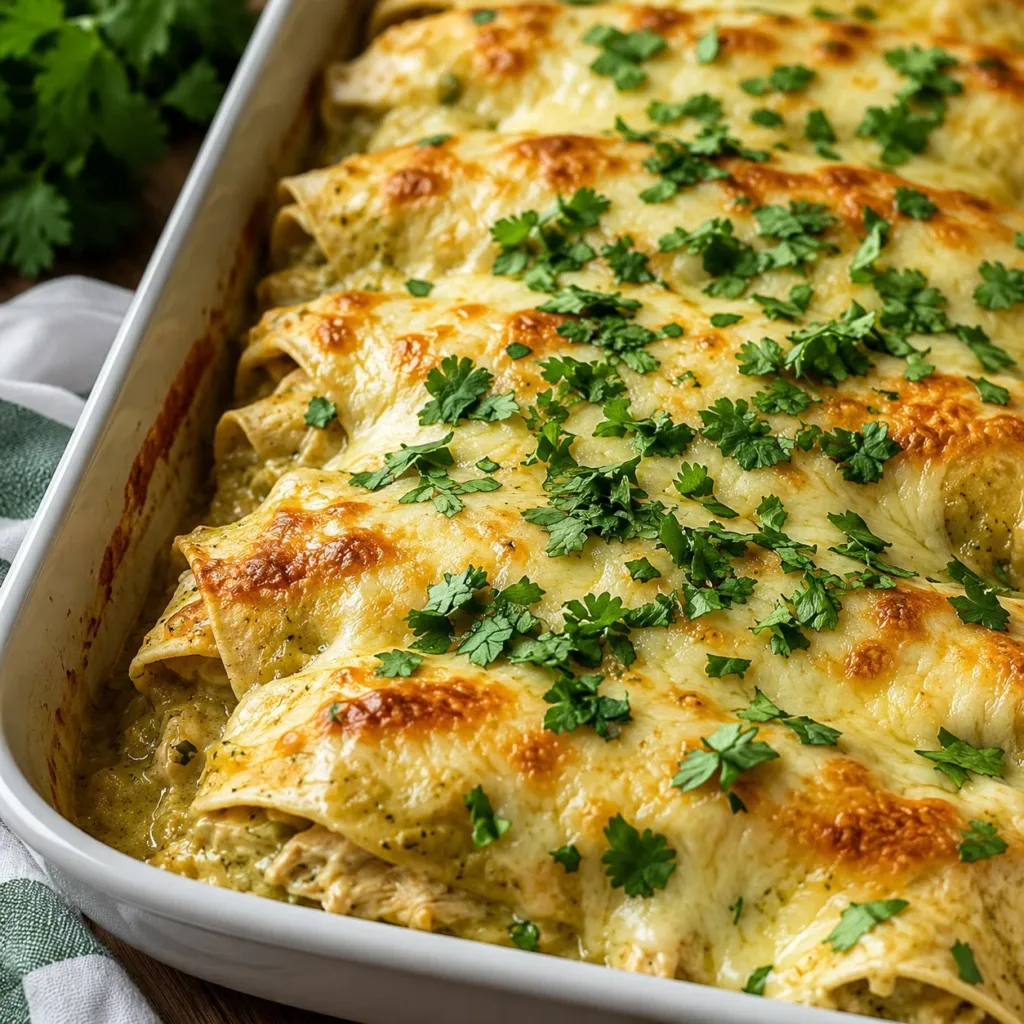 Delicious green chicken enchiladas topped with cheese and green sauce