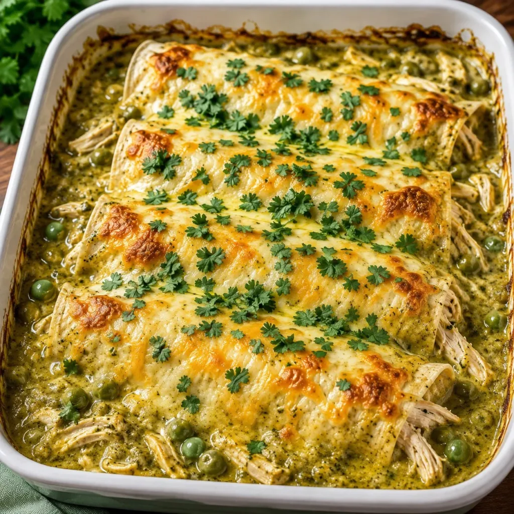 A plate of green chicken enchiladas topped with cheese and green sauce.