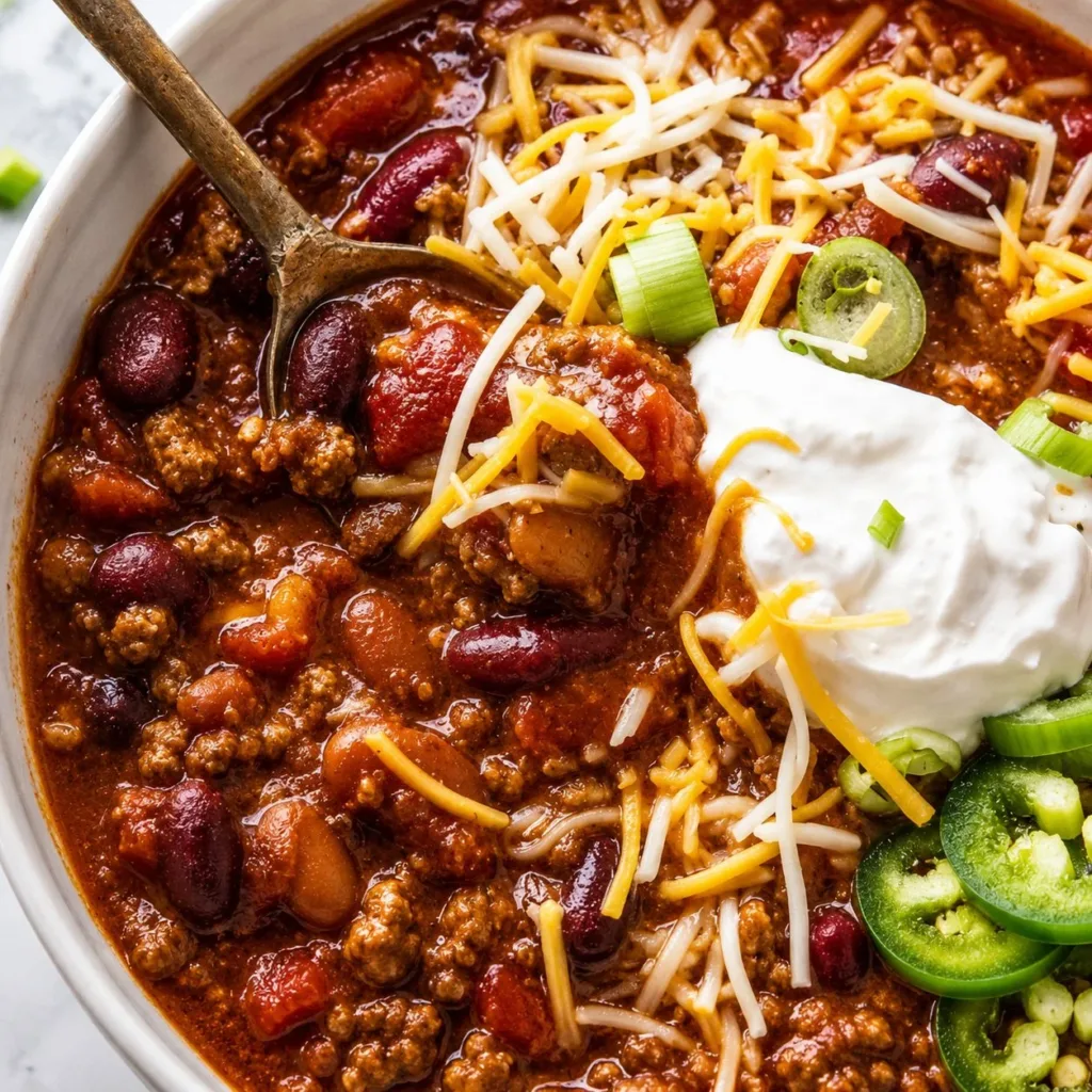 Bowl of healthy turkey chili garnished with fresh herbs and served hot.