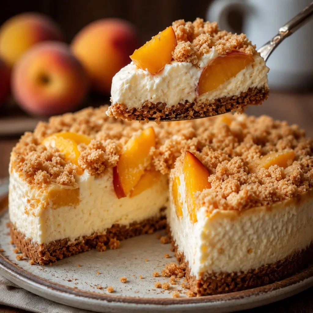 Delicious Peach Crumble Cheesecake with topping and fresh peaches