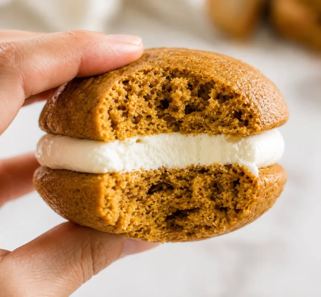Delicious homemade Pumpkin Whoopie Pies with cream filling on a rustic wooden table.