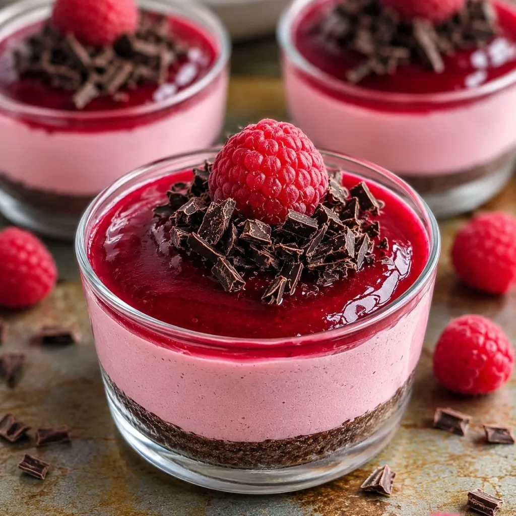 Delicious raspberry mousse served in a dessert glass with fresh raspberries on top.