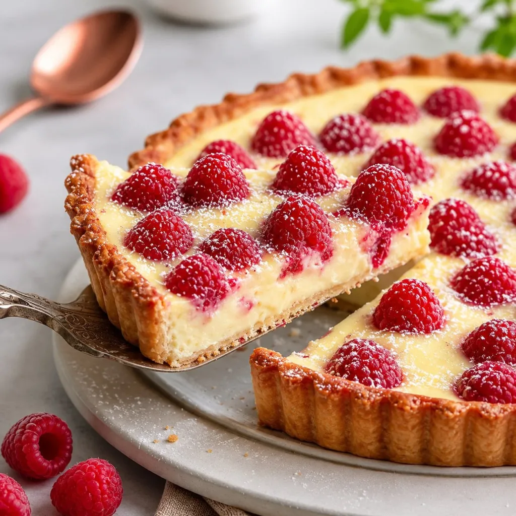 Delicious homemade raspberry tart on a wooden table with fresh raspberries